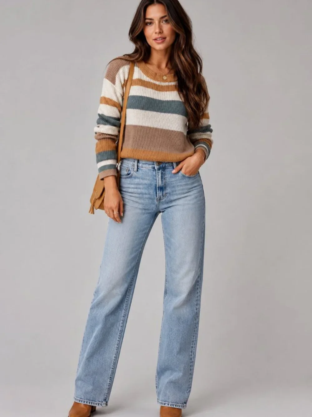 Women’s Oversized Striped Knit Sweater Casual Drop Shoulder Cozy Pullover - Picture 3 of 6